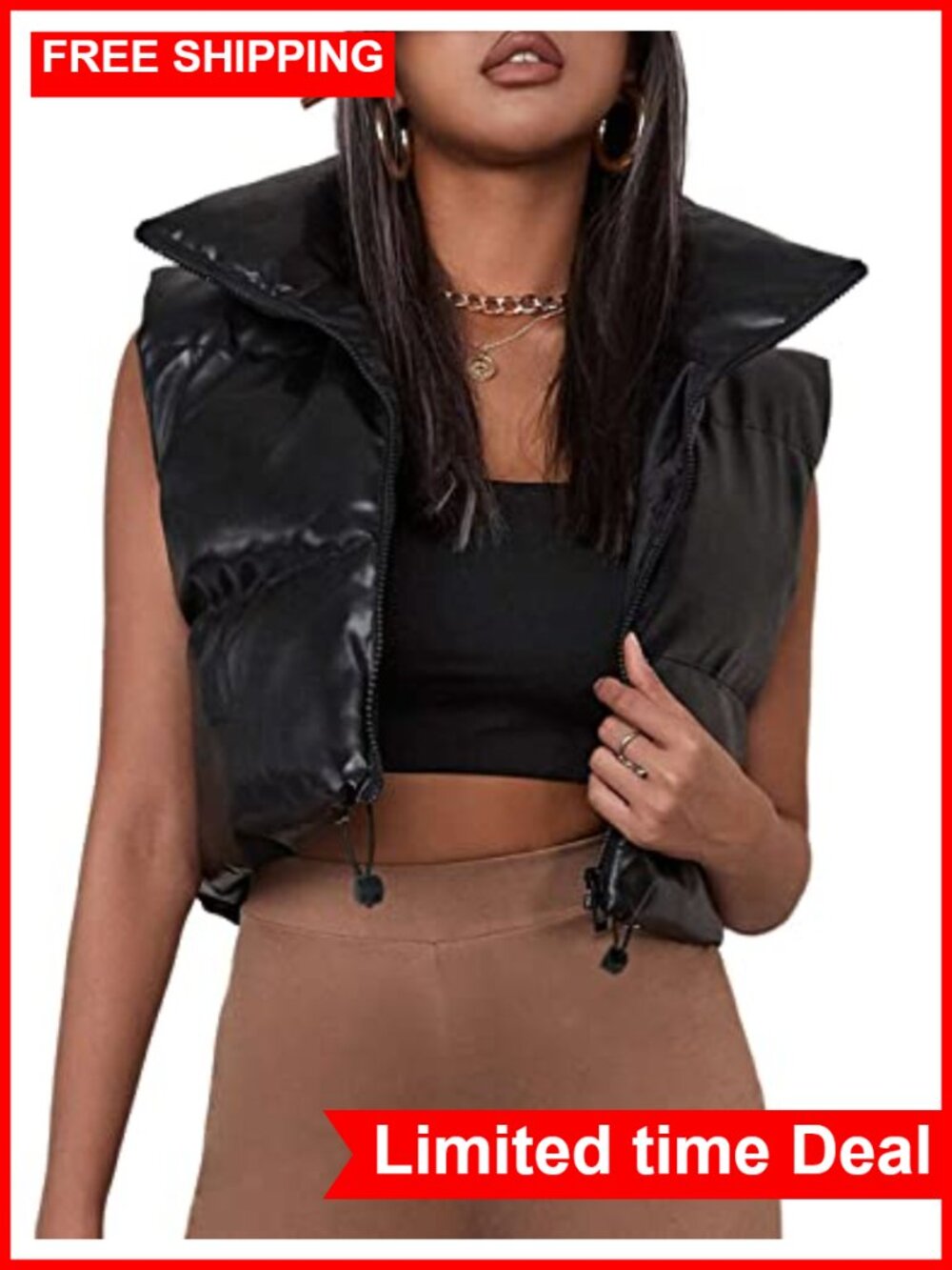 Faux Leather Cropped Puffer Vest Sleeveless Zip Up Winter Jacket
